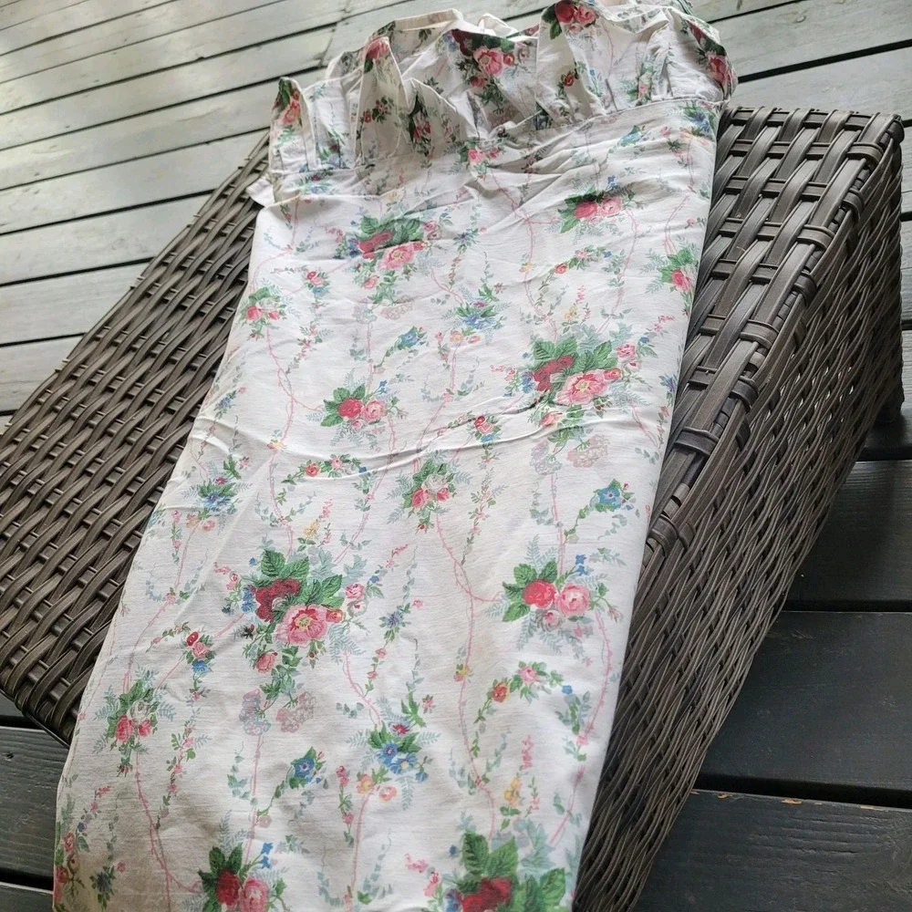 Vintage Ralph Lauren Blaine TWIN Ruffled Flat Sheet White Floral 100% Cotton